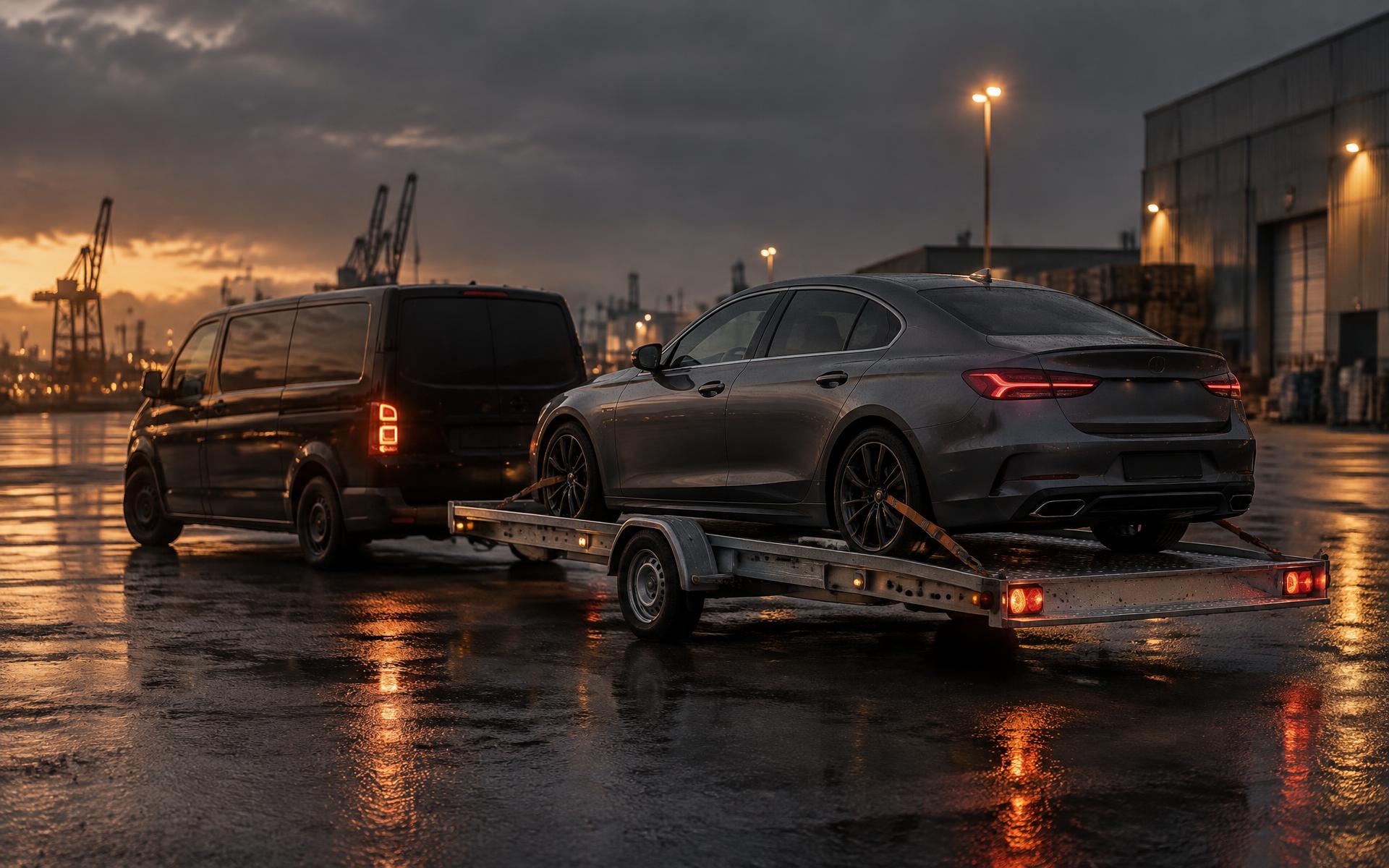 Personenauto vastgezet op een enkelassige autotransportaanhanger achter een donkere bestelbus op een industrieterrein